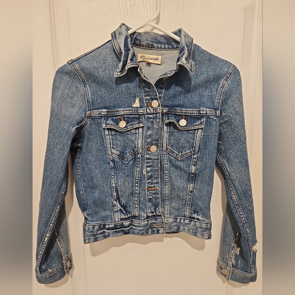 Madewell Cropped Denim Jacket XS Medium Wash Distressed Classic Jean Jacket